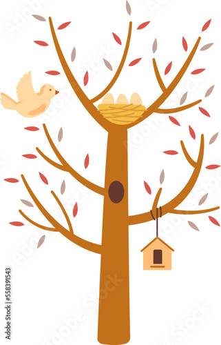 Blossoming tree with birdhouse flat icon Spring garden