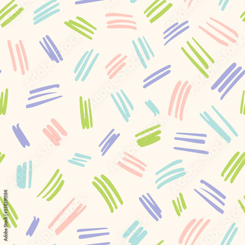 Abstract, colorful strokes seamless repeat pattern. Random placed, vector lines all over surface print.