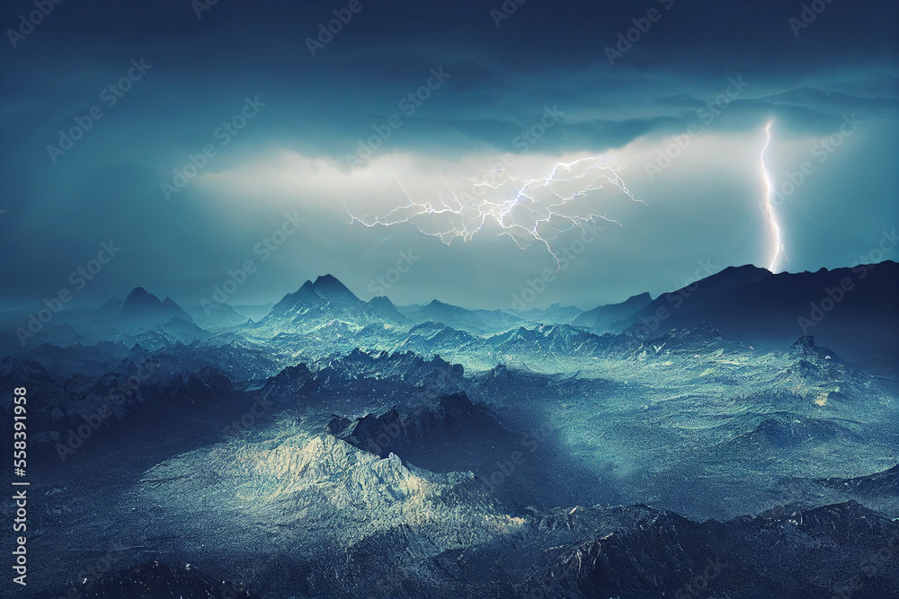 The snowy mountains were covered with black clouds, with lightning coming down below with Generative AI