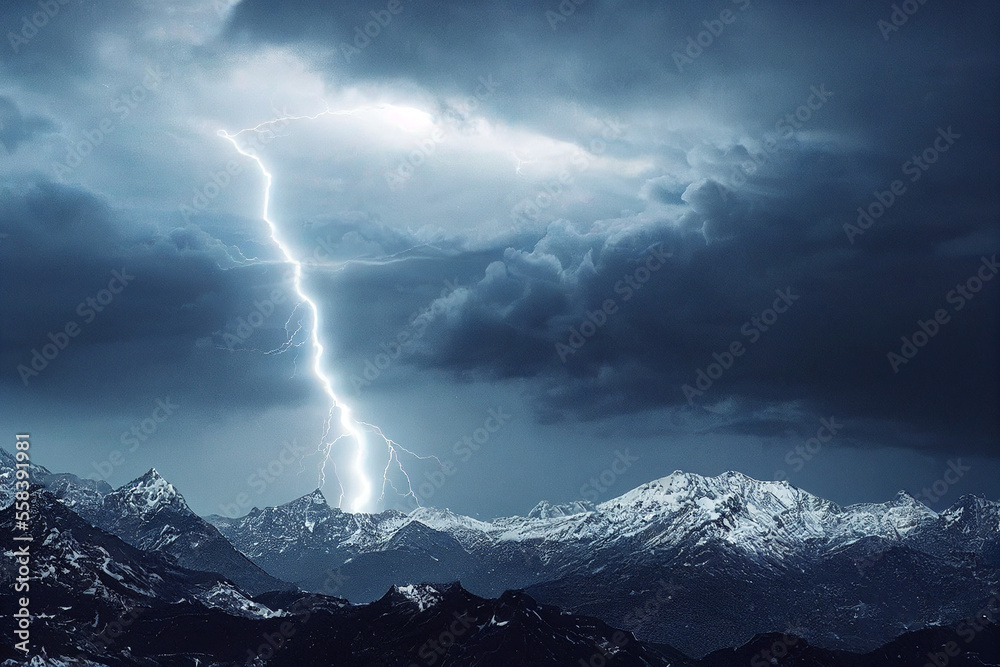 The snowy mountains were covered with black clouds, with lightning coming down below with Generative AI