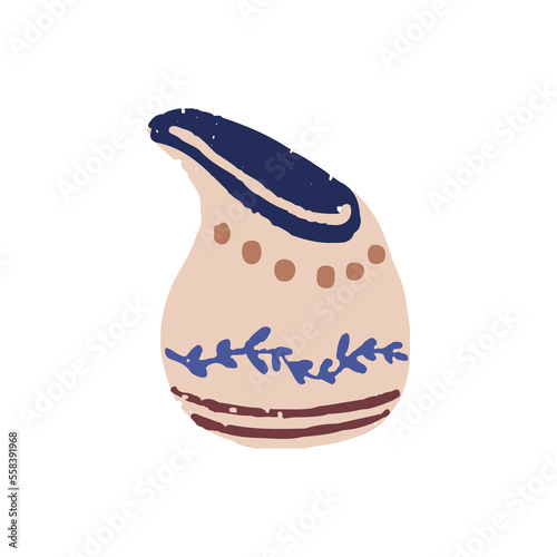 Ceramic sauce pot, gravy boat. Hand-made sauciere painted in rustic country style. Handmade ceramics, kitchen crockery. Low pitcher, jug. Flat vector illustration isolated on white background