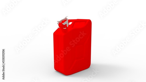 3D rendering of a metal jerrycan cannister, used for storage of liquid in empty space background. Petrol transport.