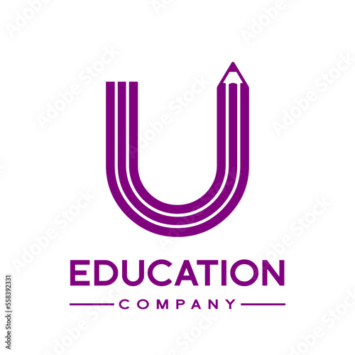 U letter formed by pencil vector logo template. Design elements for your application, education, student or corporate identity.