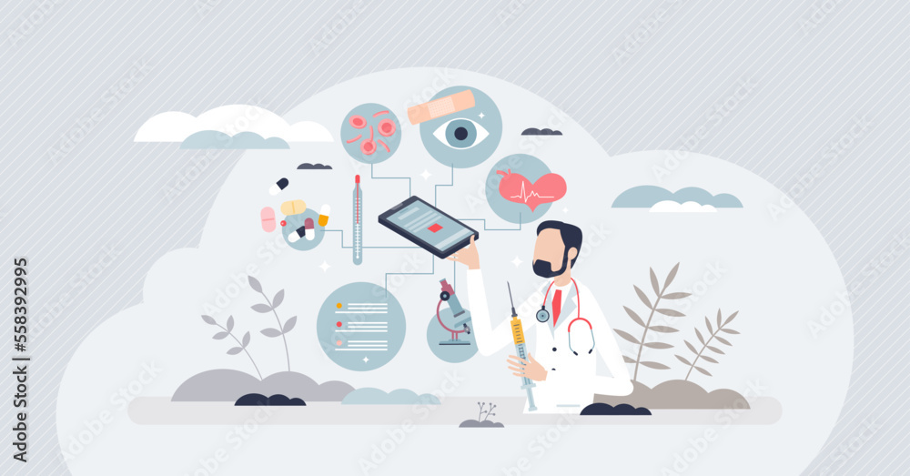 Health tech and technology usage as medical innovation tiny person concept. Patient diagnostics, treatment, analysis or medicine information service using smart mobile application. Distant doctor help Health tech and technology usage as medical innovation tiny person concept. Patient diagnostics, treatment, analysis or medicine information service using smart mobile application. Distant doctor help