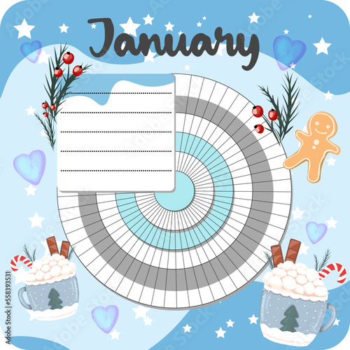 January monthly planner, weekly planner, habit tracker template and example. Template for agenda, schedule, planners, checklists, bullet journal, notebook and other stationery. Christmas cocoa theme