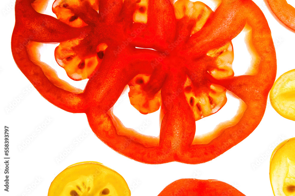 Flat transparent red and yellow tomatoes isolated on a white background ...