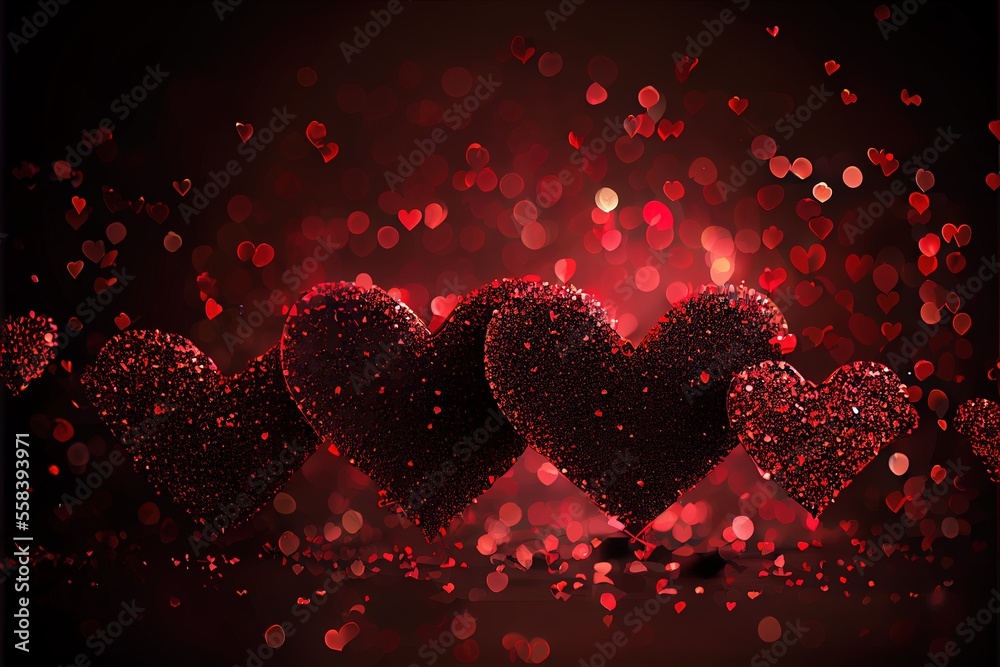 Red hearts with red bokeh sparkles isolated on a dark black background. Great for Valentine's Day designs.