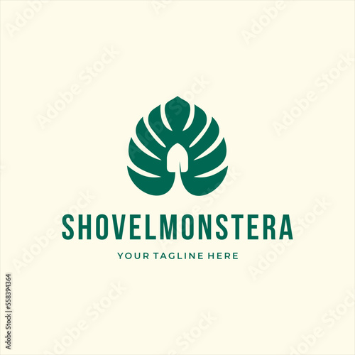 monstera deliciosa leaf houseplant shovel garden custom logo design vector illustration