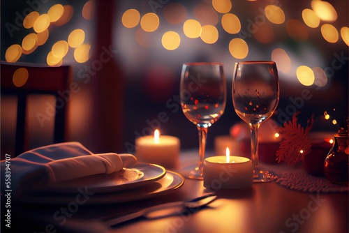 a romantic dinner for two with candles on the table. photo