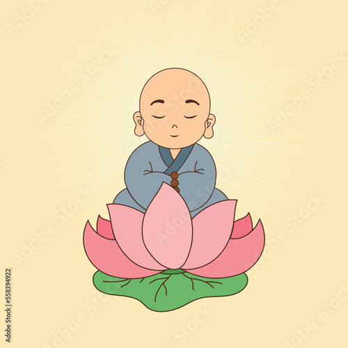 Young little monk close eyes peaceful sitting on a lotus, background with glow.