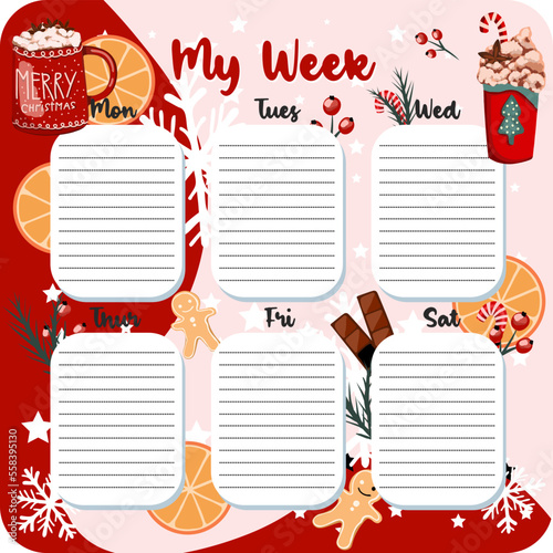 January monthly planner, weekly planner, habit tracker template and example. Template for agenda, schedule, planners, checklists, bullet journal, notebook and other stationery. Christmas cocoa theme