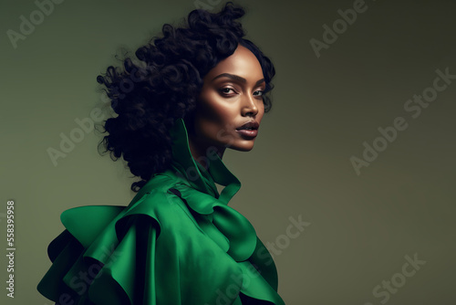 Fashion portrait. Black woman wearing green high fashion clothing. Generative ai