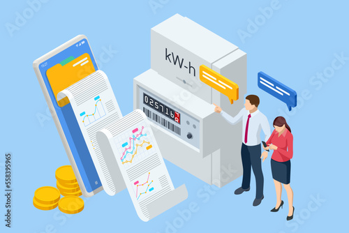 Isometric invoice and electricity meter. Utility bills payment. Electricity consumption expenses. People paying utility, and electricity bills online