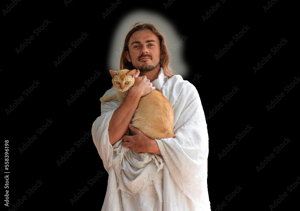 Holy man like Christ holds a Burmese cat against black background