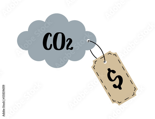 CO2 emission reduction concept flat vector illustration. Greenhouse CO2 gas cloud with dollar price tag label, carbon tax credit concept art. Stop global warming, air pollution, net zero footprint.