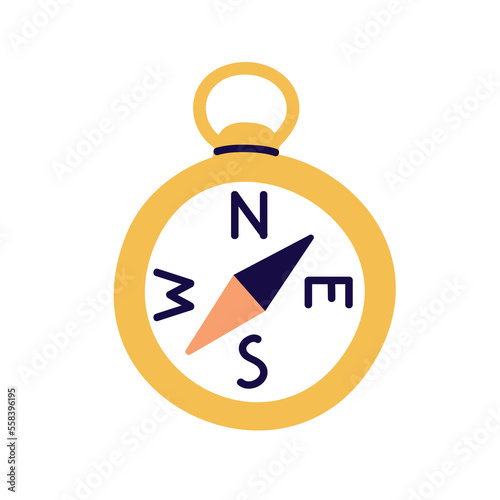 Compass, magnetic arrow pointing south-west. Geography tool for orientation, navigation. Touristic navigating device for travel, searching north. Flat vector illustration isolated on white background