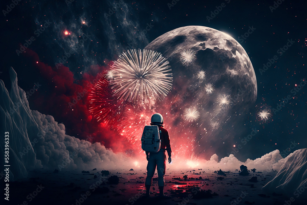 Obraz premium astronaut watching happy new year fireworks on the surface of the moon. Generative AI