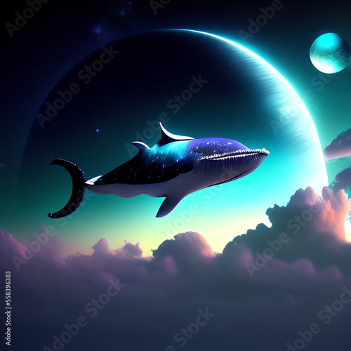 Whale in the sky, Abstract night fantasy landscape with an planet ,an unreal world, a fish, Reflection of moon light, water, depths of the sea. 3D. Ai generated image.