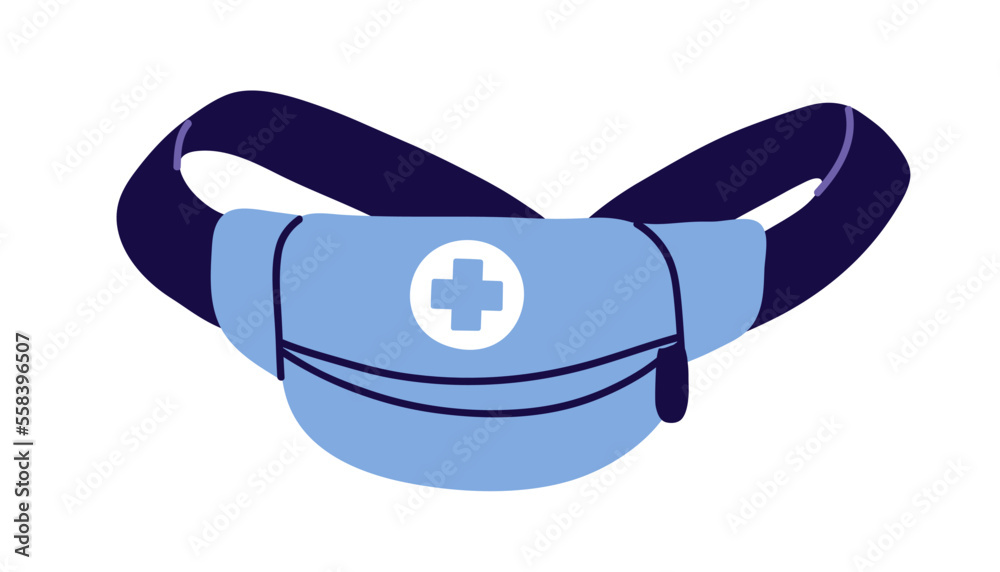 First aid kit, travel bag for medical primary help in emergency. Touristic survival case for firstaid urgency, health and life rescue. Flat vector illustration isolated on white background
