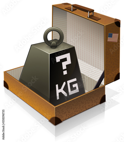 Old brown leather 3D travel suitcase open with metal weight with the inscription kilogram surmounted by a question mark