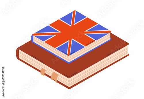 Books for English language study. Textbooks for British grammar learning, literature reading. Philology education with vocabulary, dictionary. Flat vector illustration isolated on white background