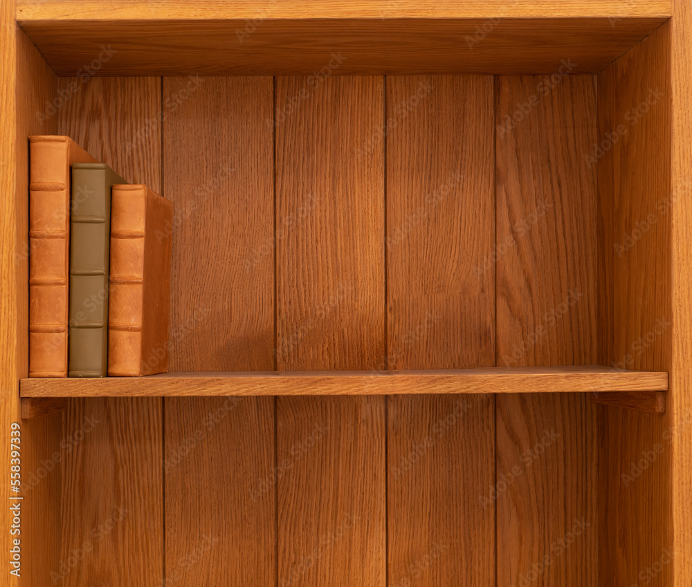 wooden bookshelf  and books on white
