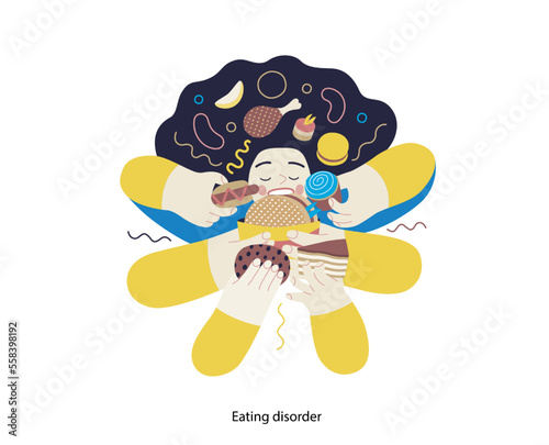 Mental disorders illustration. Eating disorder - modern flat vector illustration of a woman stuffing herself meeting with a stress experience. People emotional, psychological, mental traumas concept