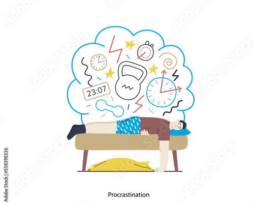 Mental disorders illustration. Procrastination - modern flat vector illustration of man suffering under the weight of problems and obligations. People emotional, psychological, mental traumas concept
