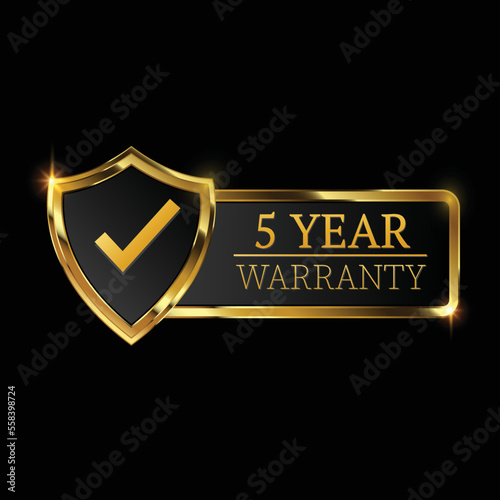 5 year warranty logo with golden shield and golden ribbon.Vector illustration.