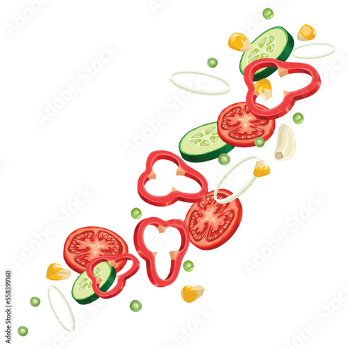 Wave flying sliced salad components. Fresh falling cut vegetables. vegan menu ingredients. Organic food vector illustration.