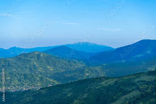 Sunrise over River Teresva and Dubove village from Apetska mountain, Carpathians mountains, Ukraine.