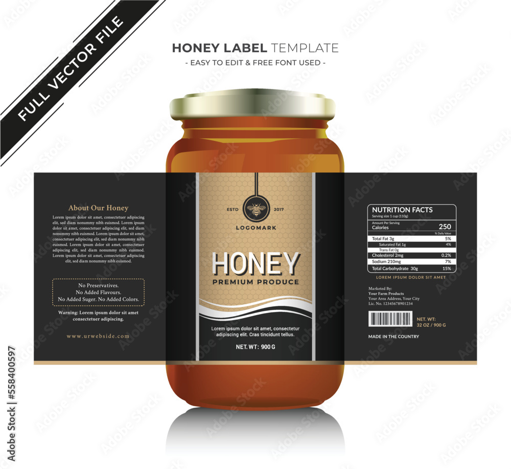 Bee pure honey design glass jar bottle label, creative and modern
