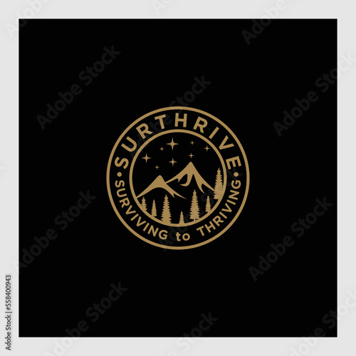 Vector linear glamping emblems with forest landscape,aurora lights,house.Travel logos with mountains,snow hills,crescent moon,polar star.