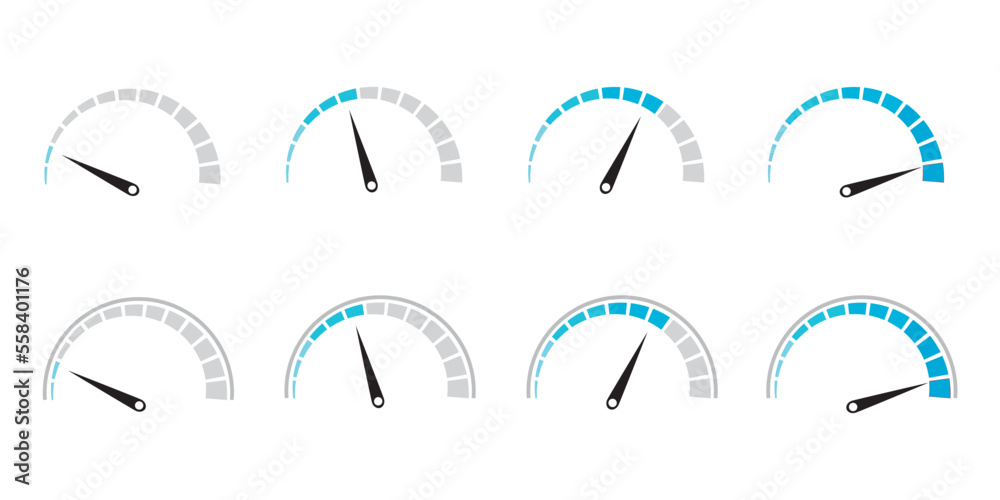 Speedometer icon set. Customer satisfaction indicator level. Risk level gauge. Info-graphic gauge Colorful info-graphic speedometer icon set. Productivity meter. Info-graphic icons set. Vector. EPS 10 - obrazy, fototapety, plakaty 