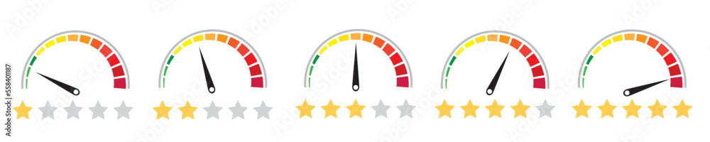 Barometer Risk Score Speedometer, gauge meter icons with stars. Scales, level of performance ...