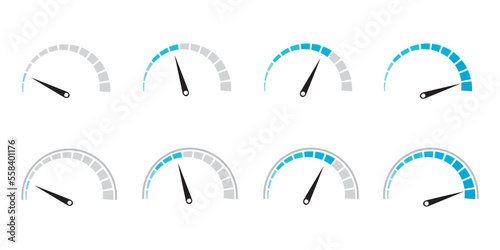 Speedometer icon set. Customer satisfaction indicator level. Risk level gauge. Info-graphic gauge Colorful info-graphic speedometer icon set. Productivity meter. Info-graphic icons set. Vector. EPS 10 photo