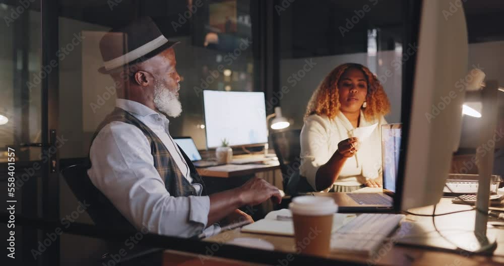 Teamwork, overtime and advice, man and woman in office working on design project and sharing ideas. Late night research, teamwork and consulting, content marketing at designer brand company in Africa