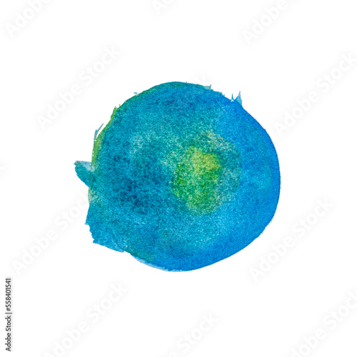 blue with yellow watercolor circle on white background, smear of blue watercolor paint,