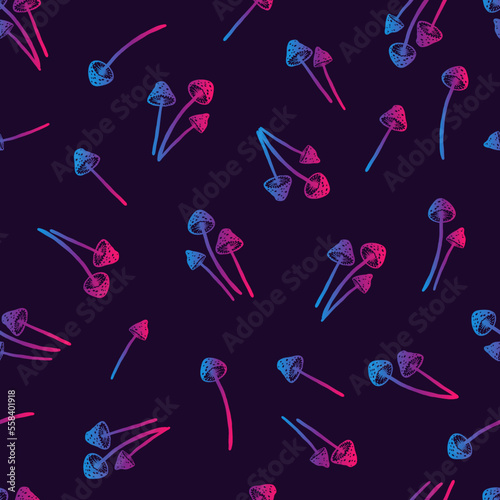 Beautiful wallpaper of hallucinogenic mushrooms in blue and pink colors. Stylish sticker of colored fly agarics on a dark background. Fantasy seamless vector pattern