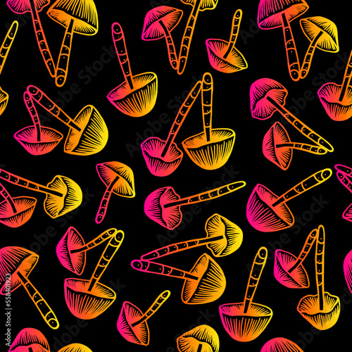 Amazing seamless vector pattern of yellow and pink psilocybin mushrooms. Beautiful wallpaper of hallucinogenic mushrooms on a black background. 