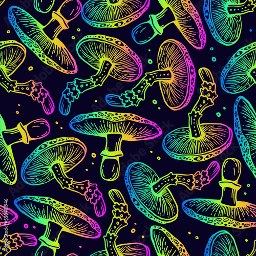 Cosmic seamless vector pattern of rainbow psilocybin mushrooms. Stylish wallpaper of hallucinogenic mushrooms in acid colors. Amazing wrapping paper 