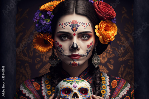 Foto Woman portrait with traditional Calavera makeup (Mexican Sugar skull makeup), colorful, floral skull for Dia de Los Muertos (Day of the Dead in Mexico) celebration