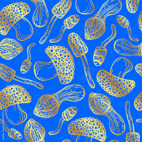 Beautiful seamless vector pattern of golden psilocybin mushrooms. Wallpaper of hallucinogenic mushrooms in golden colors. Fly agaric wrapping paper