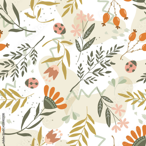 Floral doodle vector seamless pattern with wildflowers, leaves and ladybug on textured background	