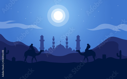 Landscape illustration of Ramadan kareem with silhouette of mosque, camel in desert
