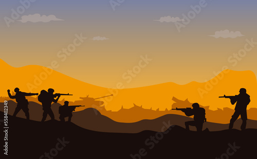 Landscape illustration of Ramadan kareem with silhouette of mosque, pyramid, camel and date palm in desert