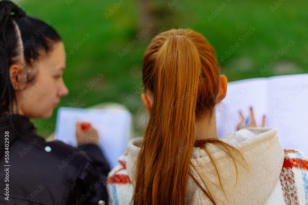 Two high school girls studying together