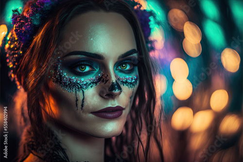 Woman portrait with traditional Calavera makeup (Mexican Sugar skull makeup), colorful, floral skull for Dia de Los Muertos (Day of the Dead in Mexico) celebration. Generative AI technology