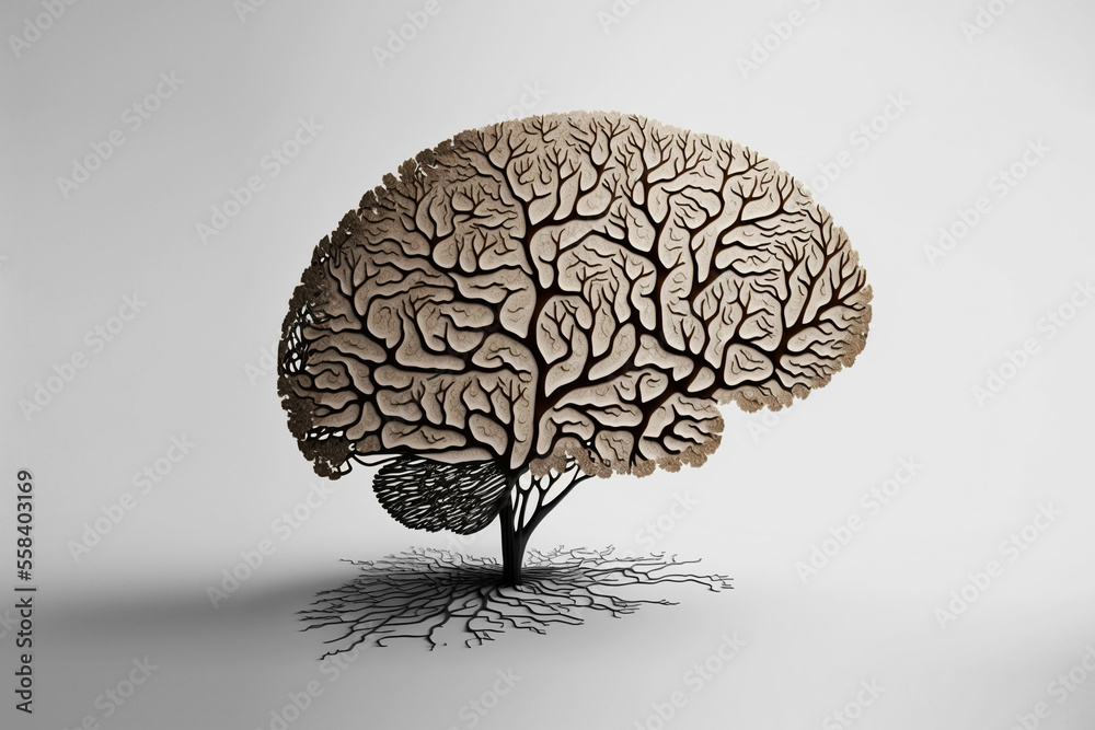 Wireframe brain that looks like a tree. Generative AI