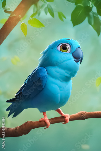A colourful parrot from a cartoon character is sitting on a branch against a background of trees in the forest. 3D rendering   illustration.